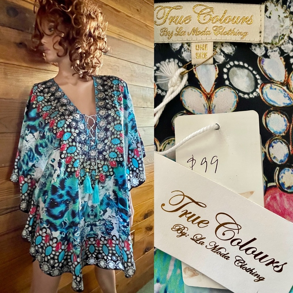 NWT True Colours by LA MODA CLOTHING Rhinestone ANIMAL PRINT Tunic MINI DRESS OS